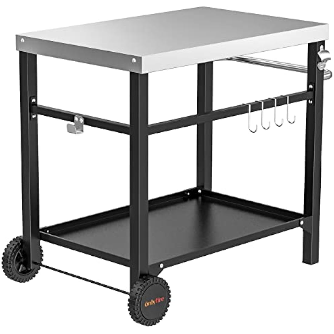 Onlyfire BBQ Serving Trolley Table, Stainless Steel Flattop Worktable, Double-Shelf with Utensil Holder for Outdoor Grilling and Cooking