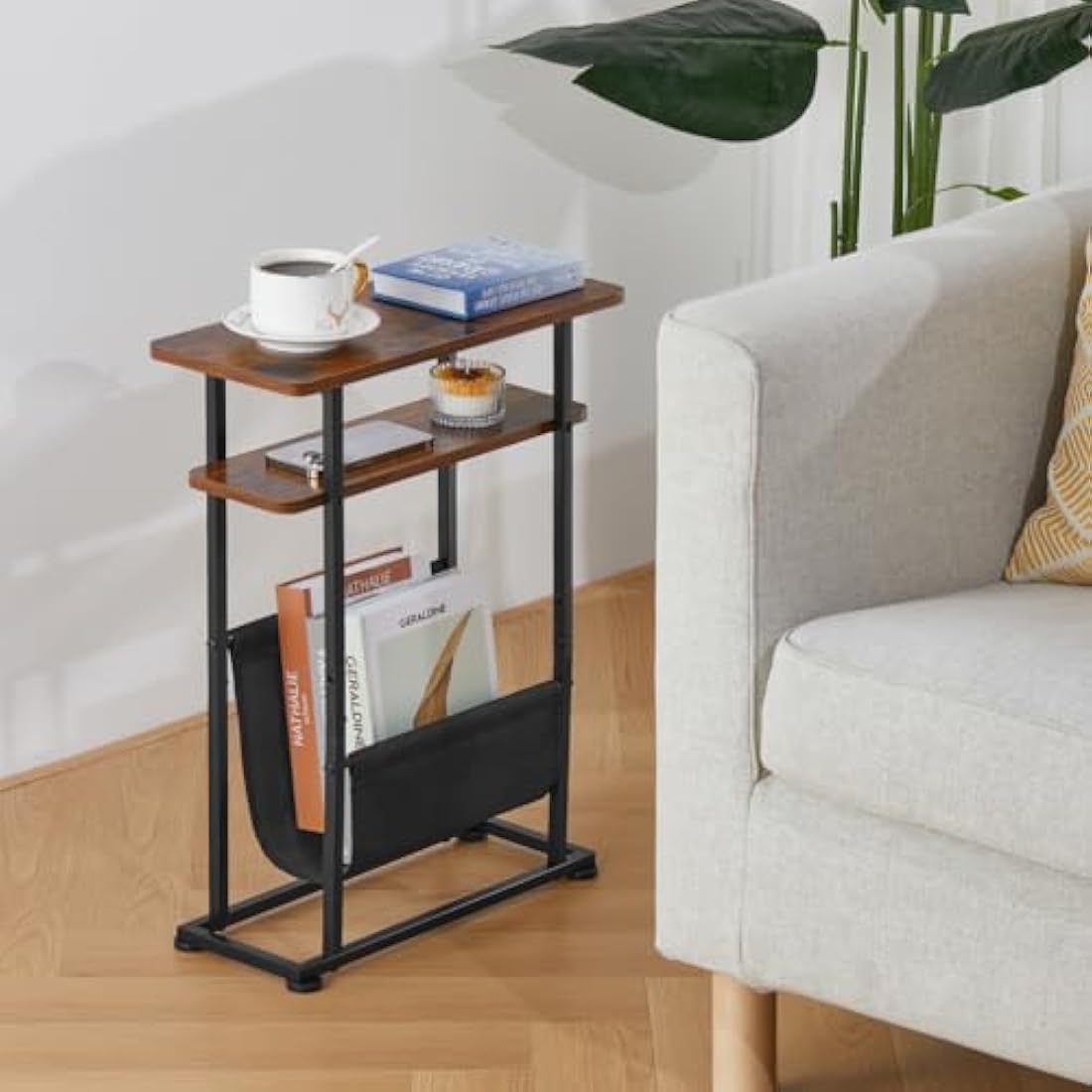 ZEXVIDA Slim Side Table for Small Spaces - 2 in 1 End Table with Magazine Holder - Rustic Brown