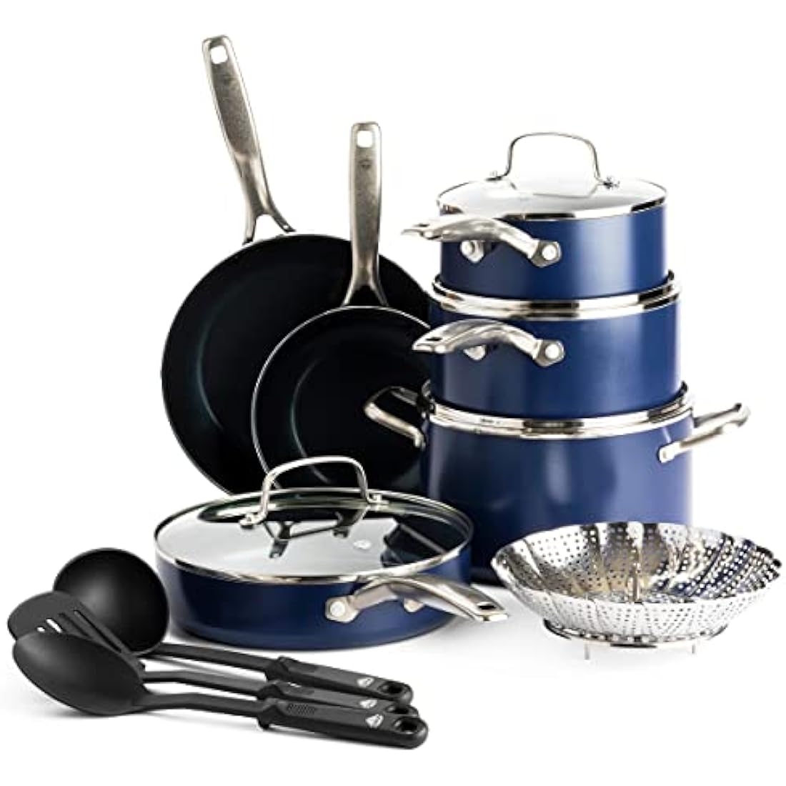 Blue Diamond Cookware Diamond Infused Ceramic Nonstick 14 Piece Cookware Pots and Pans Set, Includes Frying Pans, Sauté, Saucepans, Strainer, Stockpot, Utensils, PFAS-Free, Oven Safe, Blue