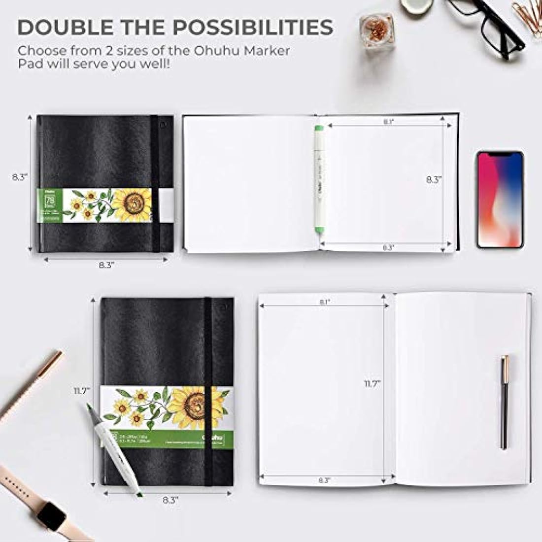 Ohuhu 2-Pack Alcohol Marker Sketchbook Set - 200GSM Heavyweight Paper, 156 Pages (78 Sheets), Hardcover Sketchbook with Premium PU Cover, Acid-Free Art Book - A4 & Square (21x21cm)