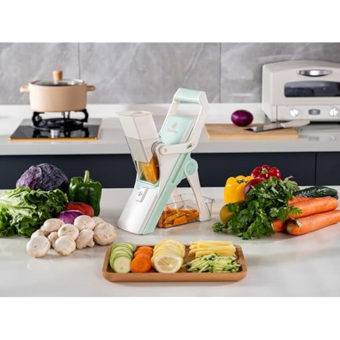 Brieftons Safe Mandoline Vegetable Slicer with 5 Removable Blades to Slice, Julienne, Chip, Chop, Dice Veggies/Fruits, Injury-Free Design, with Catch Container, Cleaning Brush, 5 Recipe Ebooks
