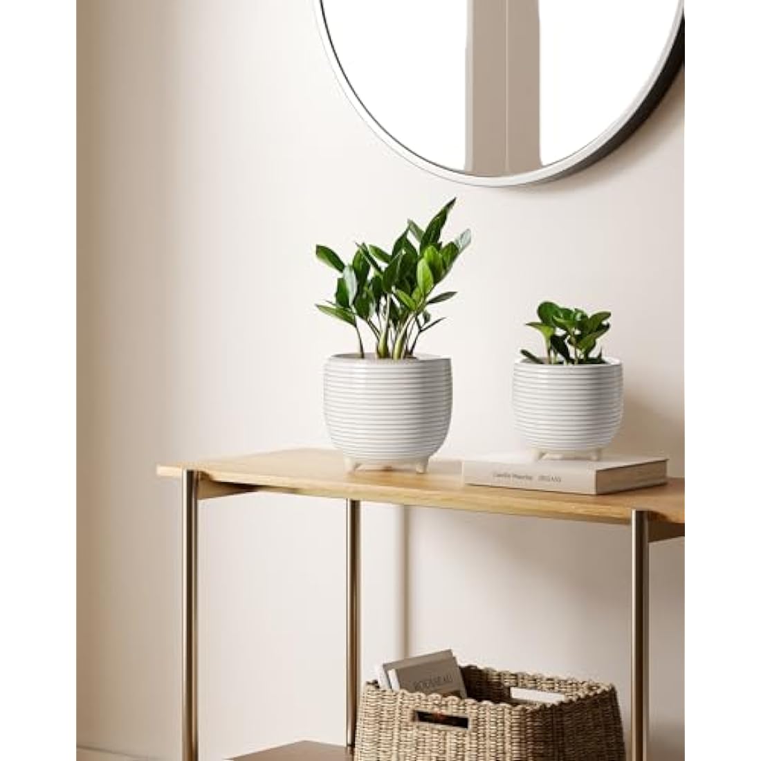 LE TAUCI Ceramic Plant Pots, 12 + 16 cm Footed Pots for Plants, Cute Modern Flower Pots for House and Office, Small Indoor Planters with Drainage, Reactive Glaze White