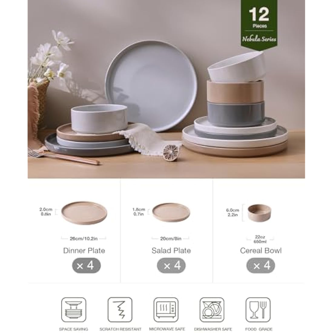 Richmount Nebula Dinner Set for 4, 12-Piece Speckled Dinnerware Stoneware Set, Scratch Resistant, Dishwasher & Microwave Safe, Dining Plates and Bowls Sets, Multi-Color