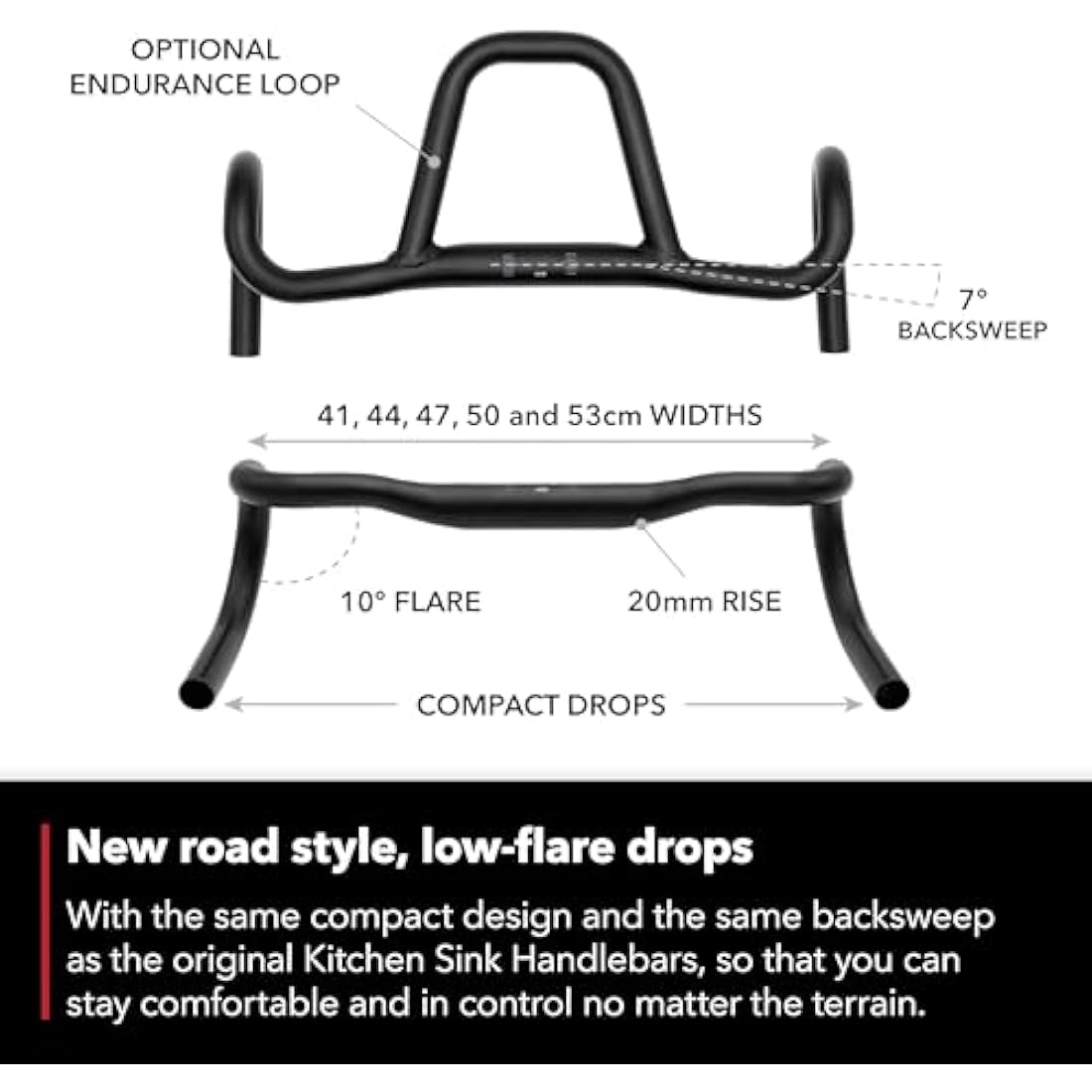REDSHIFT Kitchen Sink Low Flare Handlebar with Loop for Road, Gravel, Touring, and Commuter Bikes, Aluminum Drop Bar, 31.8mm Clamp, with 20mm of Rise, 53cm Width
