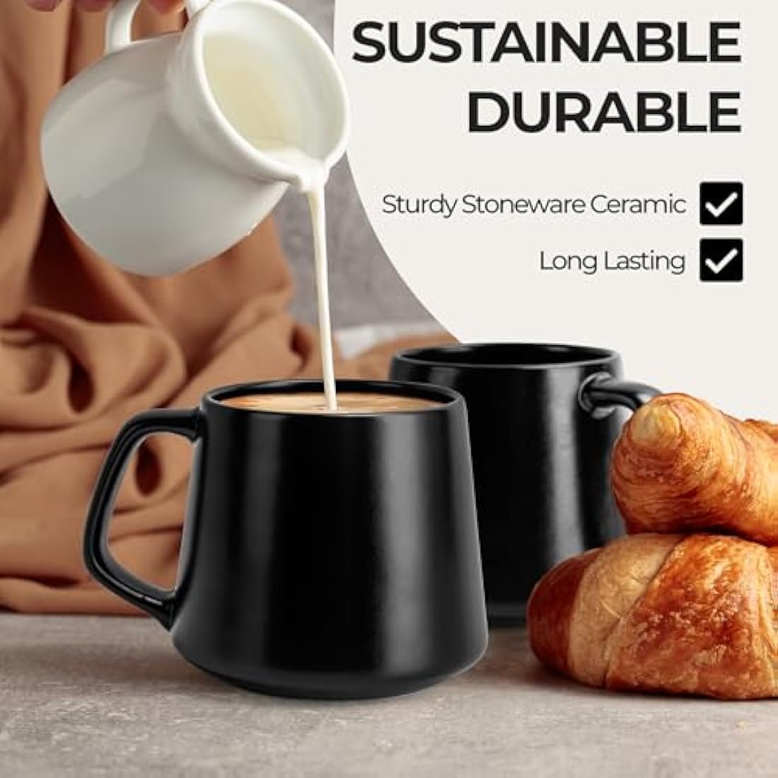 MIAMIO - Coffee Mugs Set of 4 / Large Ceramic Coffee Cups (420 ml) - Mug for Cappuccino, Tea, Espresso - Microwave and Dishwasher Safe - Luxe Collection (Black)