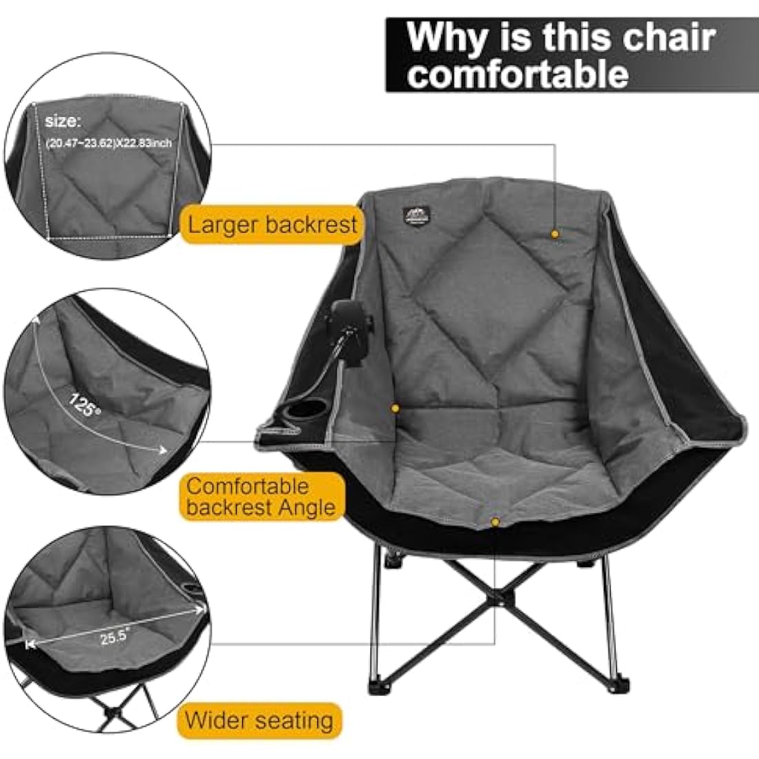 LANMOUNTAIN Oversized Folding Camping Chairs,Portable Heavy Duty Outdoor Padded Lawn Chair w/Phone Holder,Cup Holder Perfect for Adults Picnic,Parties,Picnics and Beach Trips,Black