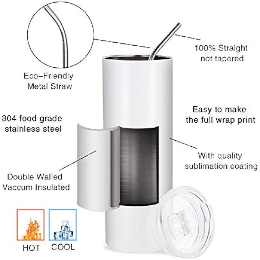 PYD Life Sublimation Blanks Skinny Tumbler White 20 OZ Straight Stainless Steel Tumbler with Metal Straw for Mug Tumbler Heat Press Machine Sublimation Printing 4 Pack