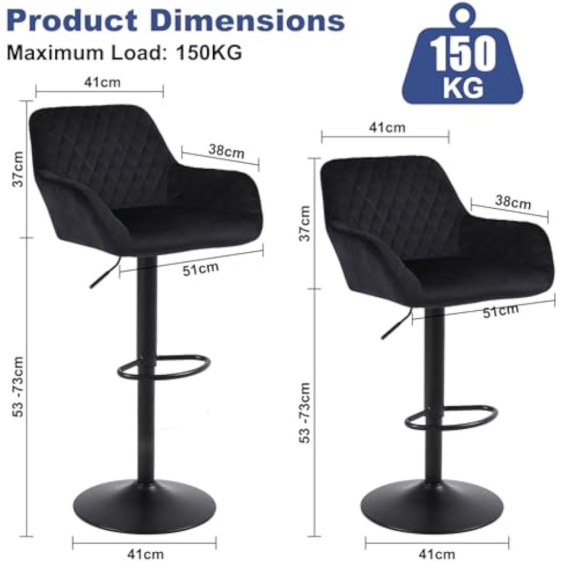 ralex-chair Bar Stools Set of 2, Height Adjustable Velvet Fabric Swivel Barstool Bar Chairs, Breakfast Dining Stools With Backrest and Armrest for Bar, Counter and Kitchen,Black