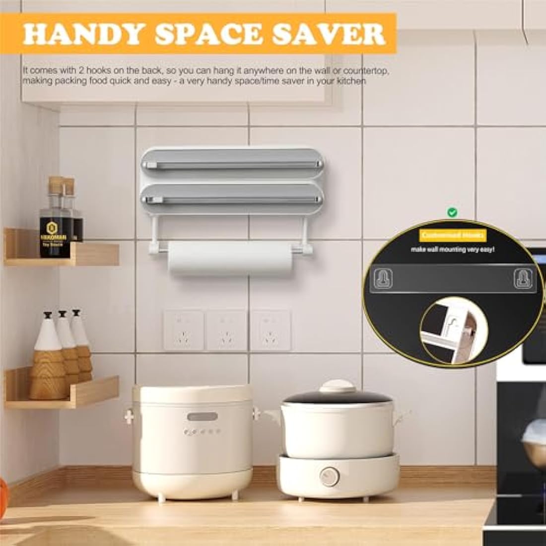 Magnetic Cling Film Dispenser and Cutter - Upgraded 3-in-1 Wall-Mounted Kitchen Roll Holder, Quasziwa Refillable Aluminium Foil Dispenser with Paper Towel Holder - Includes 1x50m Clingfilm Roll, White