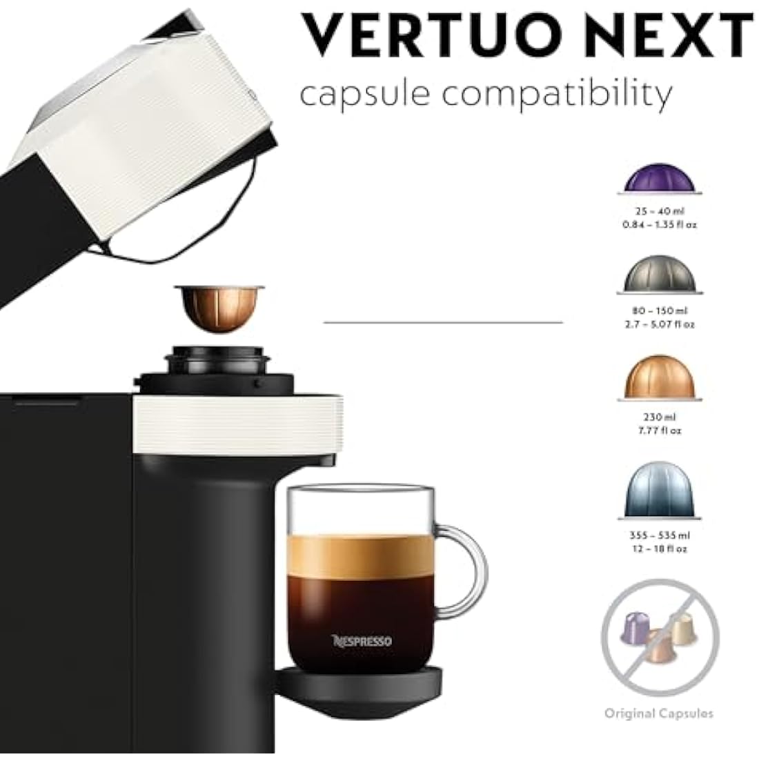 Nespresso Vertuo Next Coffee Machine by De'Longhi with Aeroccino Milk Frother, Over 30 Varieties of Pods, 6 Coffee Cup Sizes, Latte, Cappuccino, Starter Capsule Set Included, EN120.WAE, White