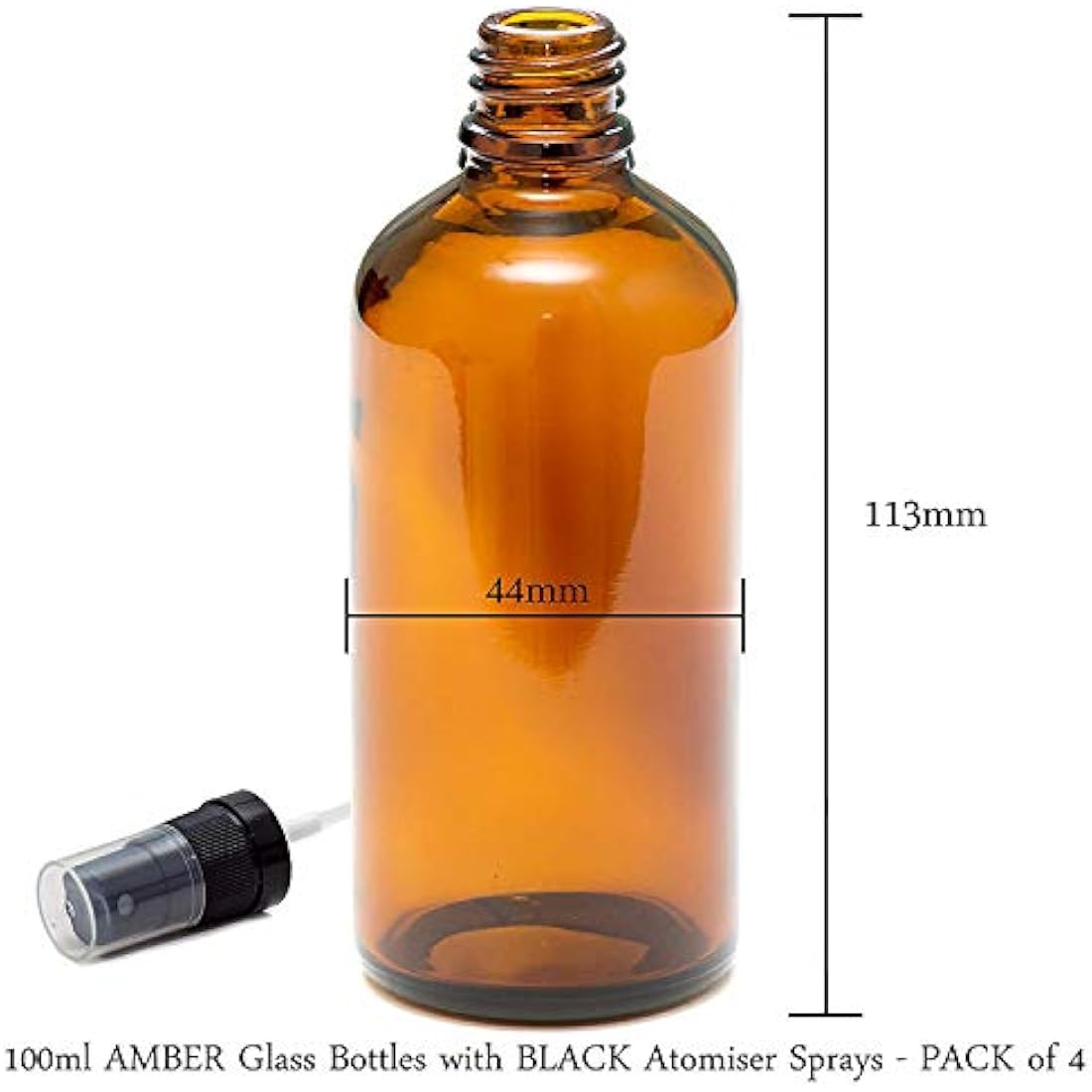 PACK of 4-100ml AMBER GLASS Bottles with Black ATOMISER Sprays. Essential Oil/Aromatherapy Use