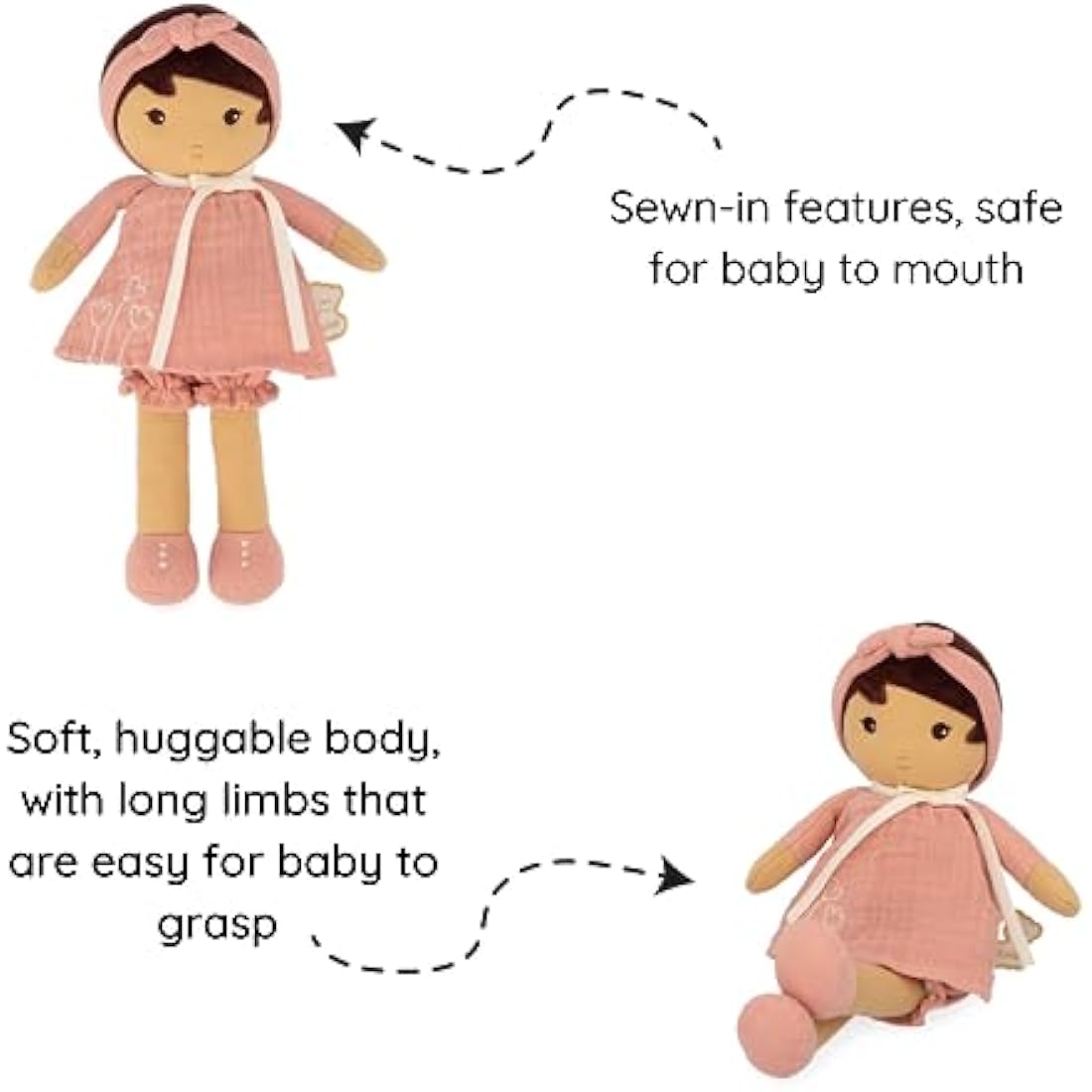 Kaloo - Tendresse - Amandine - My 1st Soft Doll - 32 cm Fabric - Pink Muslin Dress - Olive Skin - Pretty Gift Box and Customisable Ribbon - 0 Months +, K200005, LARGE