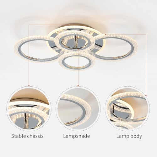 Qcyuui 58W Dimmable LED Ceiling Light, Modern 4-Ring Acrylic Flush Mount Chandelier for Living Room, Bedroom, Dining Room, Chrome Finish
