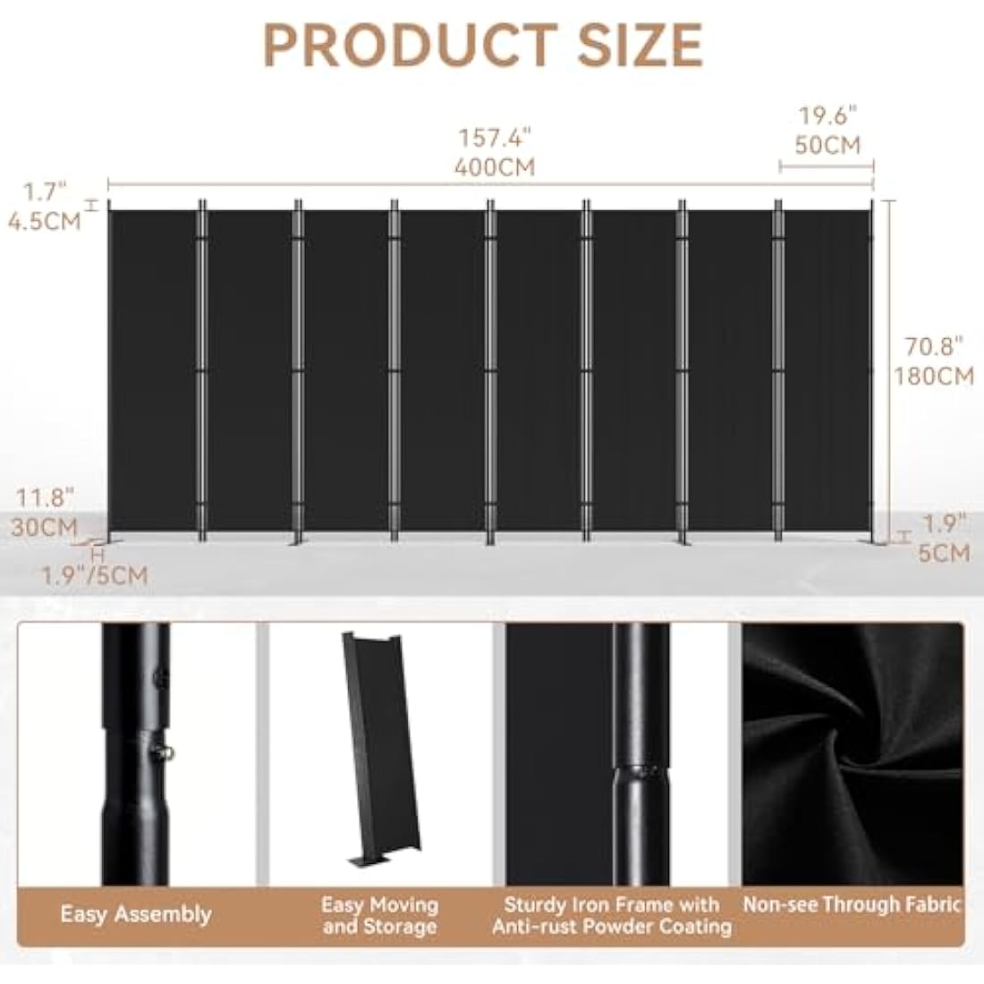 C-Hopetree 8 Panels Room Divider, 180cm Tall Indoor Folding Privacy Screen, Portable Partition Separator, Freestanding Separation Temporary Wall for Office, Bedroom, 404cm W X 180cm H, Black