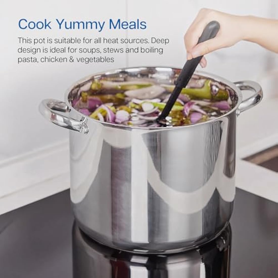 Cooking Pot Induction Stock Pot 9 litres Stainless Steel Deep Pots, Can Be Used as Stew, Soup Pot and Pasta Pot with Tempered Glass Lid