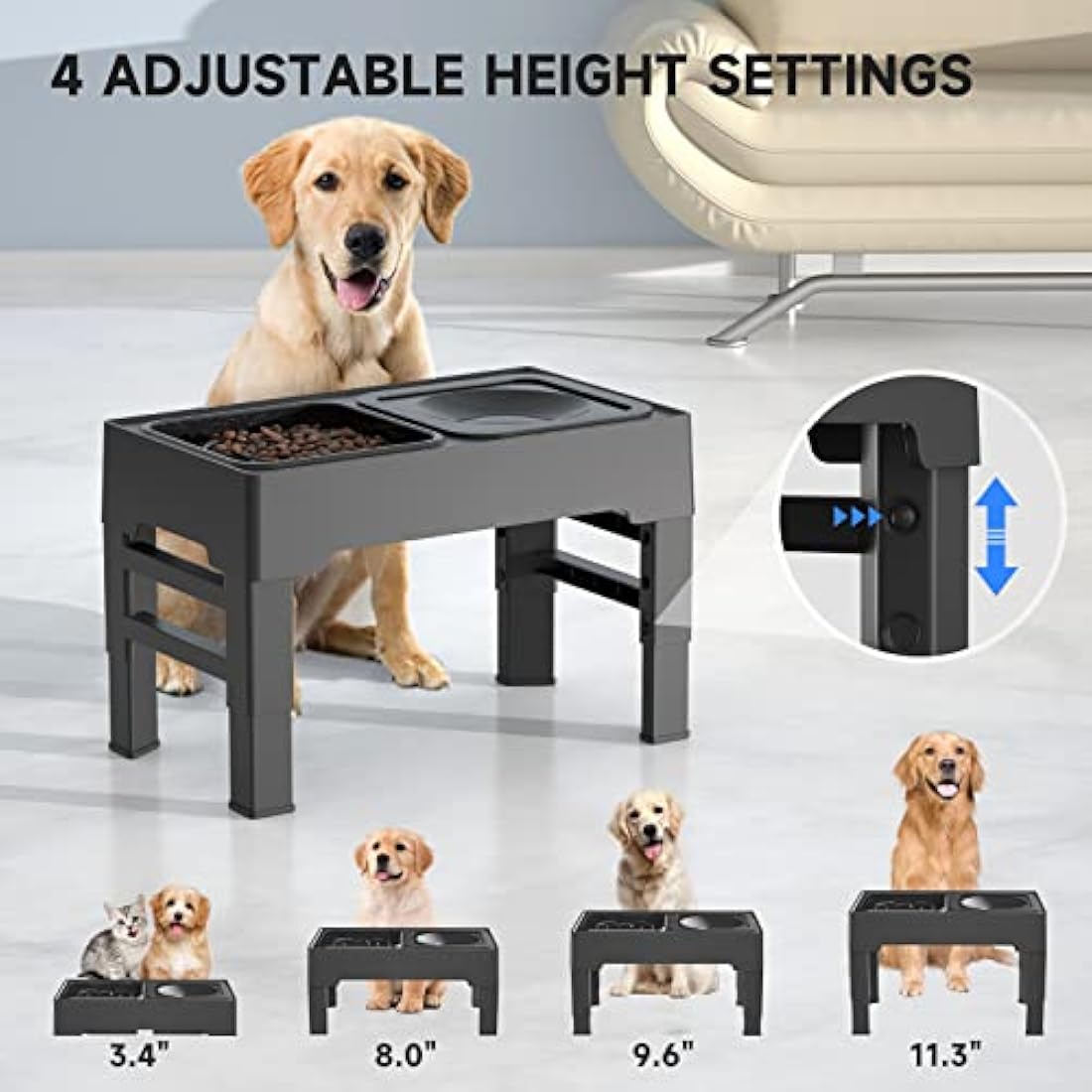 ELS PET Raised Dog Bowl, 2-in-1 Elevated Dog Bowl with Slow Feeder and Non-Spill Slow Water Bowl, 4 Height Adjustable Pet Dispenser with Stand for Small Medium Large Dog Cat