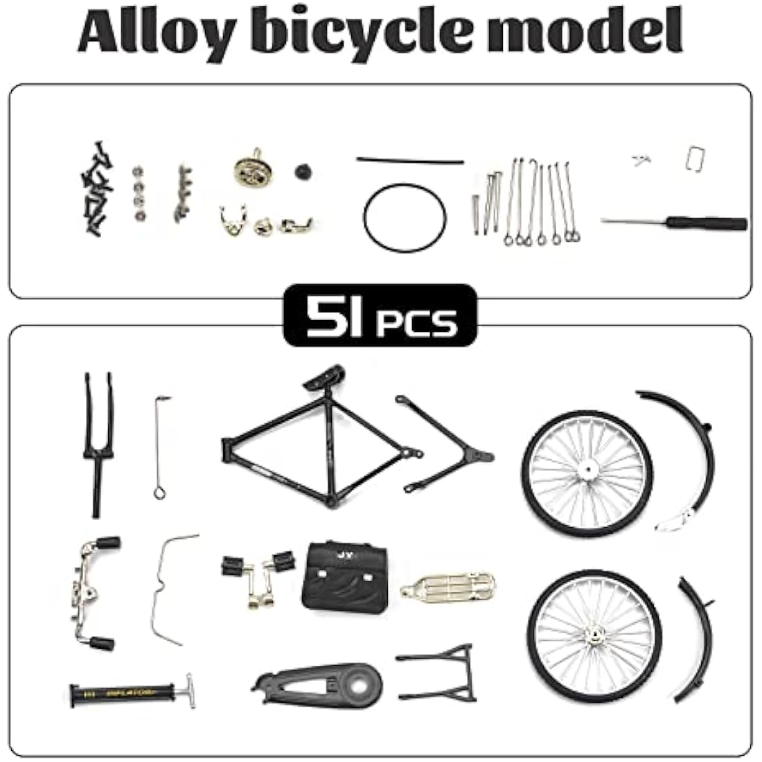 1PCS Retro Bicycle Model Ornament for Kids, 51 Pcs Simulation Mini Bike Model Scale Kit with Inflator & Briefcase, 1:10 Creative Iron Art Tabletop Ornament Toys for Gifts Home Office Decor (BLACK)