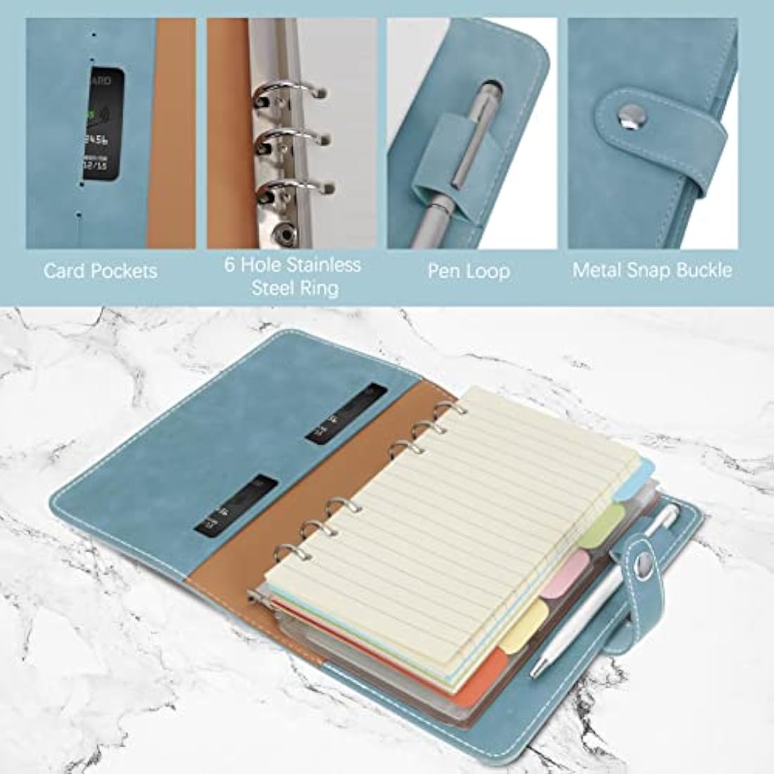 FYY Leather A6 Ring Binder Notebook, 6 Ring Binder with A6 Refill Papers, Binder Pockets and Subject Dividers Paper Sheet, Travel Binder Journal Personal Planner with Ring Binder Cyan