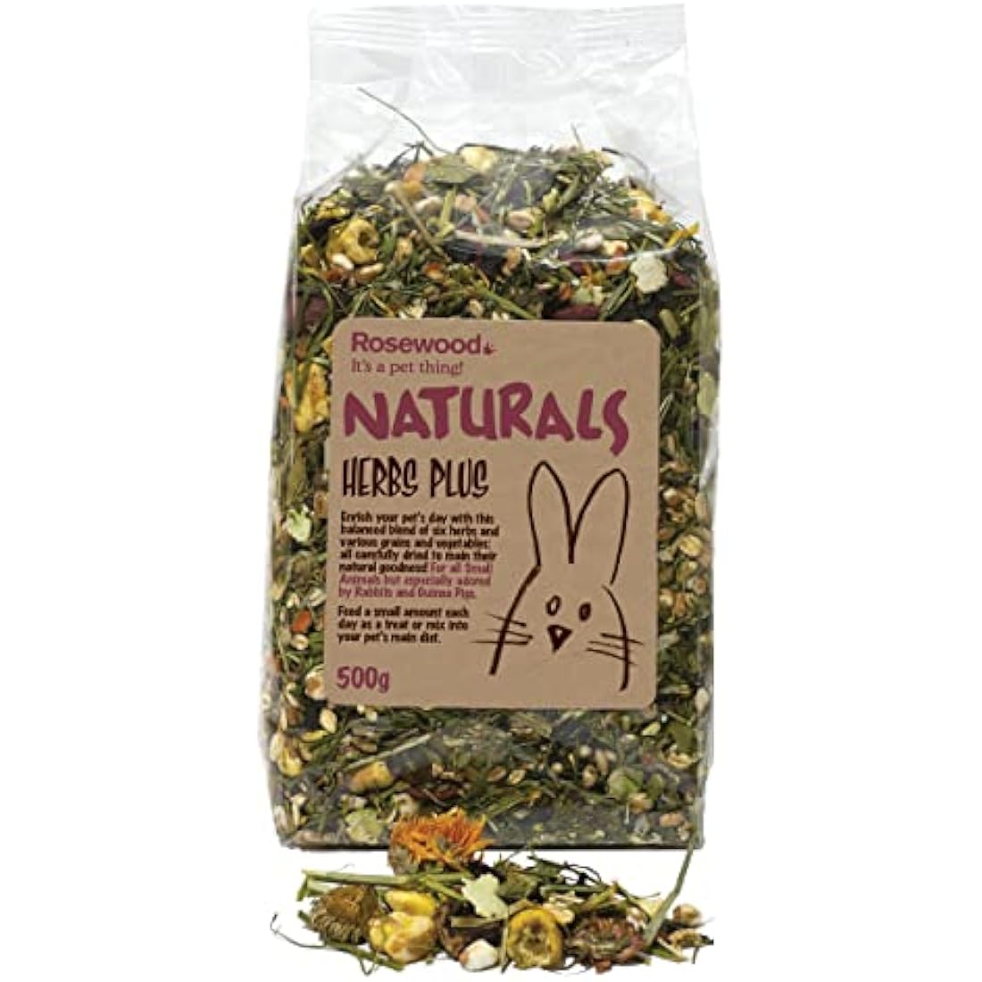 Rosewood Naturals Herbs Plus, Small Animal Treat for Rabbits, Guinea Pigs, Chinchillas, Degus, Hamsters, Gerbils, Mice and Rats, 500g