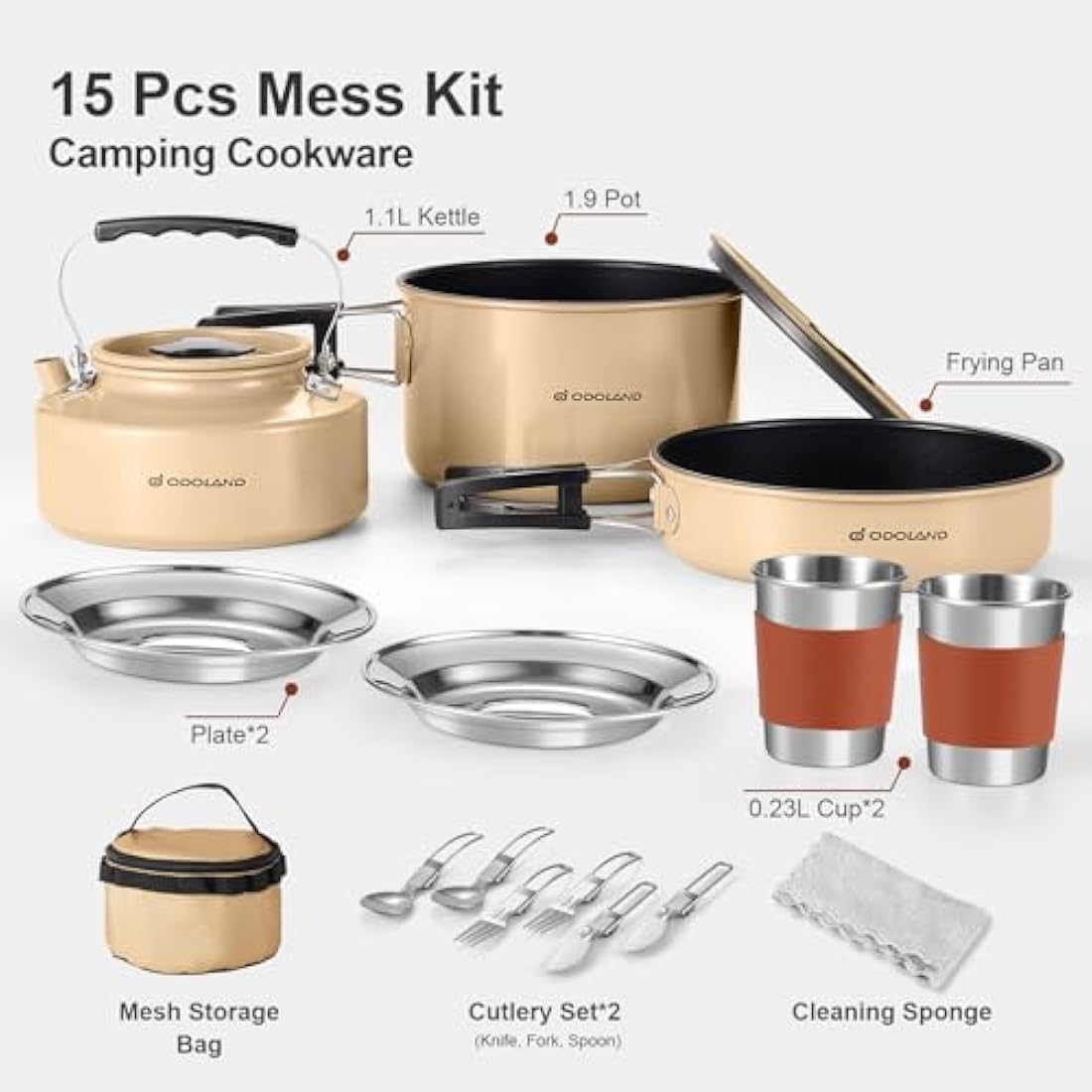 Odoland Camping Cookware Set Non-Stick Pot and Pan Set with Kettle, Stainless Steel Utensils Mess Kit, Cups Plates Knives Spoons Forks for Outdoor Cooking