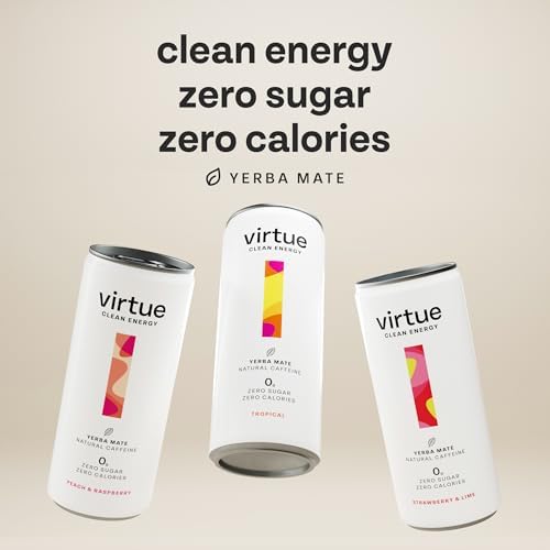 Virtue Clean Energy Mixed Pack - 12 x Yerba Mate Natural Energy Drinks - Sugar Free, Zero Calories, Vegan (12 x 250ml) [Strawberry & Lime, Tropical, Peach & Raspberry]