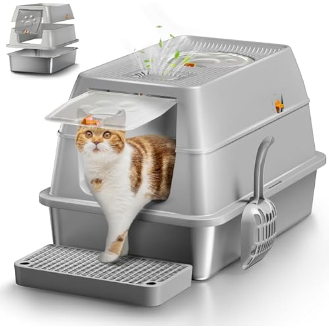 Stainless Steel Cat Litter Tray with Lid, XXL Enclosed Cat Litter Box with High Sided for Big Cats, with Removable Lid &Scoop - Grey