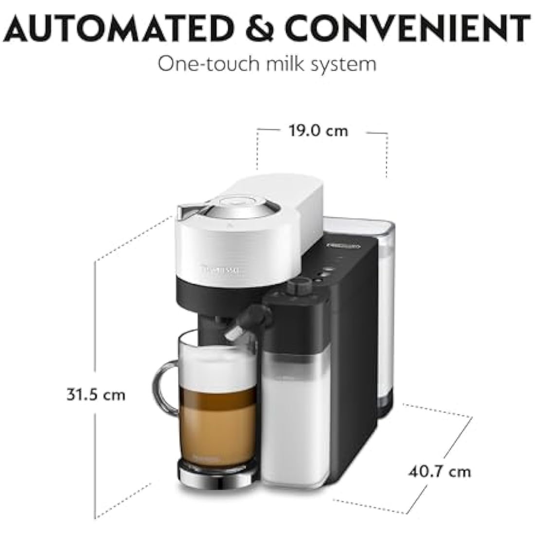 Nespresso Vertuo Lattissima Coffee Machine by De'Longhi for Vertuo Coffee Pods, Latte, Cappuccino, Integrated Milk Frother, Starter Capsule Set Included, ENV300.W, White