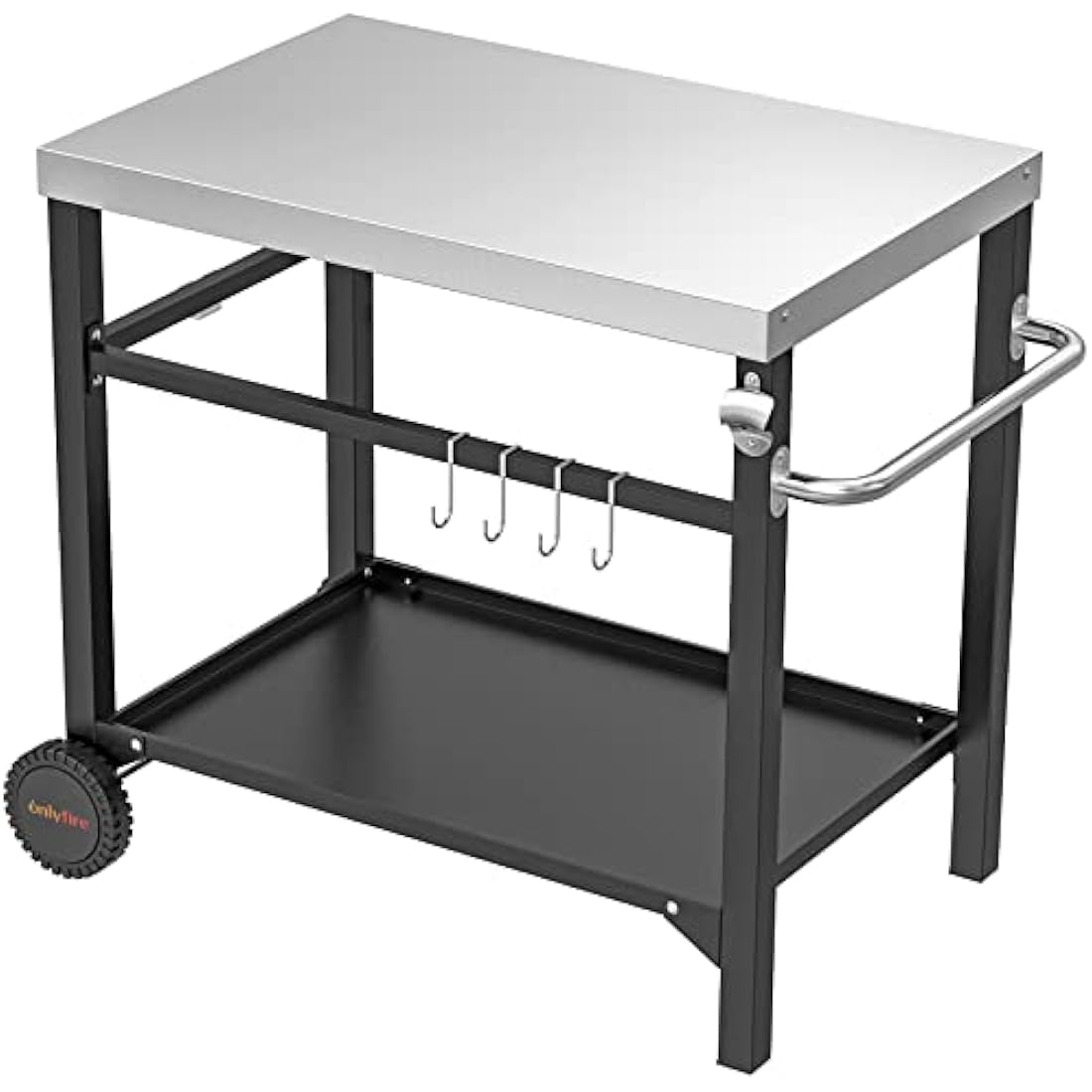 Onlyfire BBQ Serving Trolley Table, Stainless Steel Flattop Worktable, Double-Shelf with Utensil Holder for Outdoor Grilling and Cooking