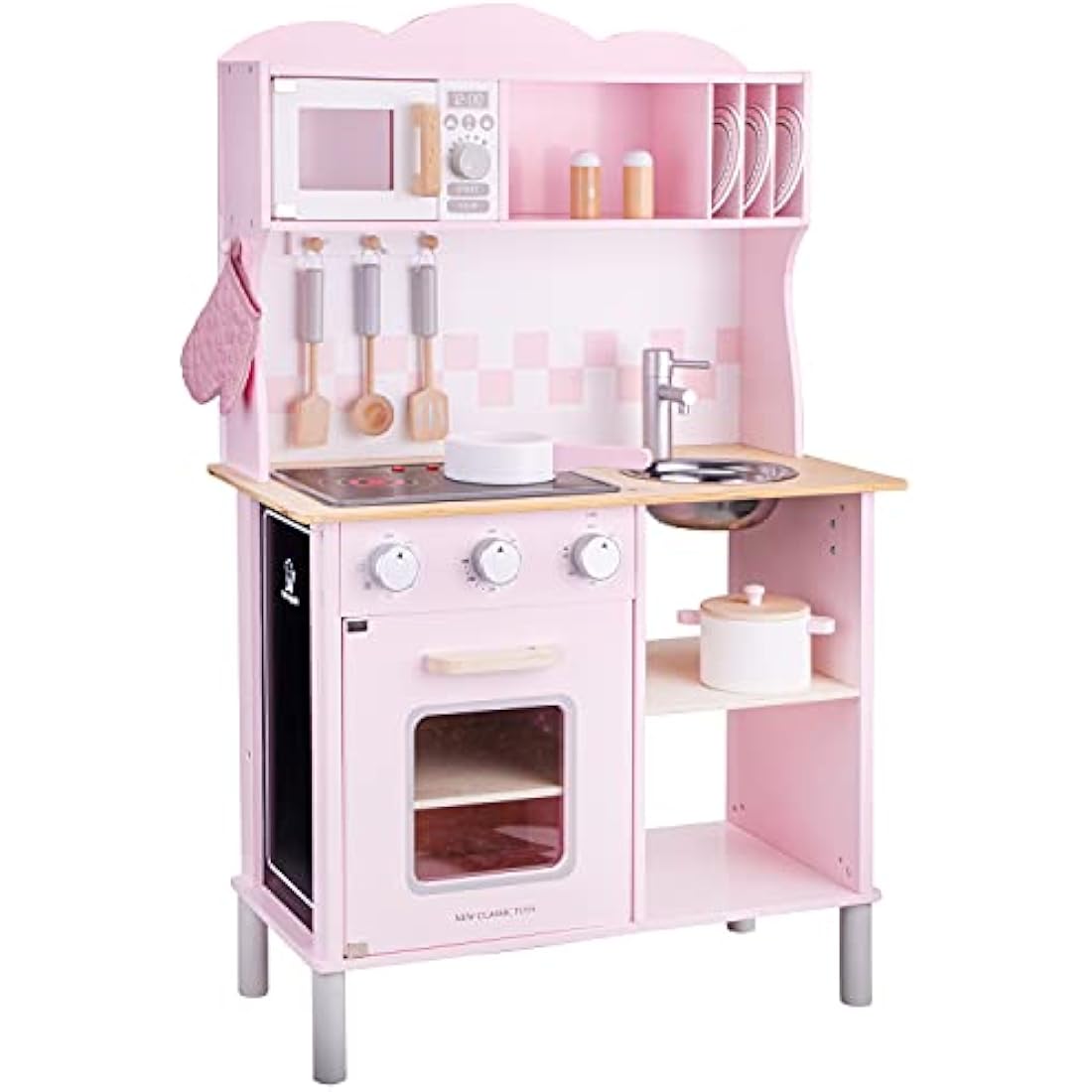New Classic Toys 11067 Wooden Pretend Toy Kitchen for 3Y+, for Kids Included Accessoires-Comes with Electric Cooking Plate-Makes Sound, Pink
