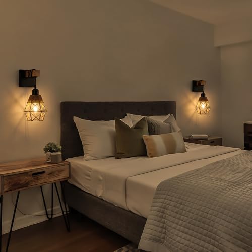 FORCOSO Wall Lights Indoor 2-Pack, Vintage Wood Wall Lamp Black, E27 Sconce Lights, Industrial Lights Fittings, Rustic Rope Lighting Fixtures Living Room Bedrooms Hallway