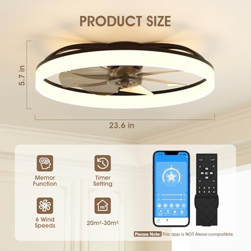 NIORSUN 60cm Ceiling Fans with Lights and Remote, 6 Speeds Modern Smart LED Ceiling Fan Light, 3000K-6500K Dimmable Quiet Fan Lights Ceiling for Bedroom Living Room Dining Room (Black)