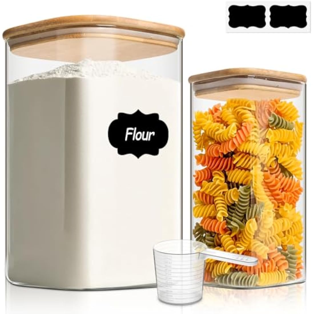 ComSaf Glass Pantry Storage Containers, 156/51 oz Large Square Flour and Sugar Containers with Airtight Lids, Gallon Glass Jars with Bamboo Lids for Rice, Pasta, Cookies, Coffee Beans