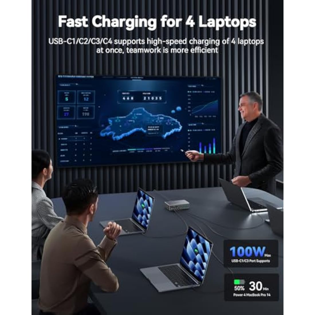 Rocoren 480W GaN USB C Charger Multiple, 10-Port PD100W QC4.0 PPS 4-Laptop Charger Station with 1.5m UK Extension Cord Compatible with MacBook, HP, iPad, iPhone, Sumsung Galaxy and More USB C Laptops