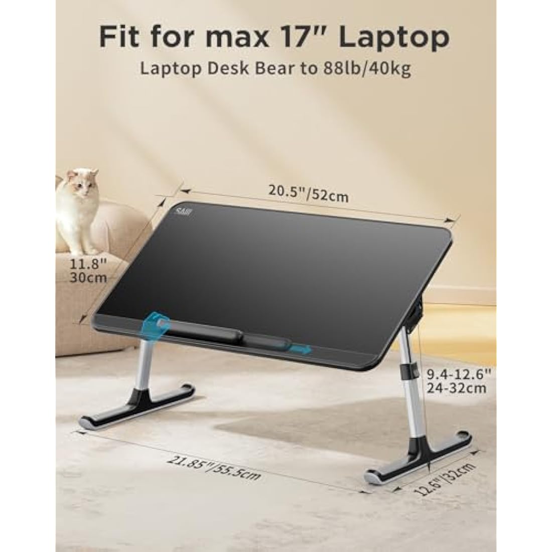 Lap Desk, SAIJI Bed Table, Thick Stable Feet, Height and Angle Adjustable, Enough Mouse Space, up to 17'' Laptop, for Homeoffice, Breakfast, Study (Black, 52 * 30cm)