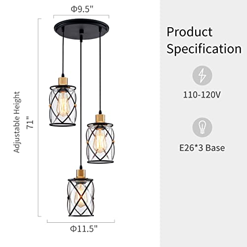 WUZUPS Chandelier Semi Flushmount Industrial 3-Light Pendant Ceiling Light Fixture Clear Seeded Glass Shade for Entryway Porch Foyer Kitchen Dining
