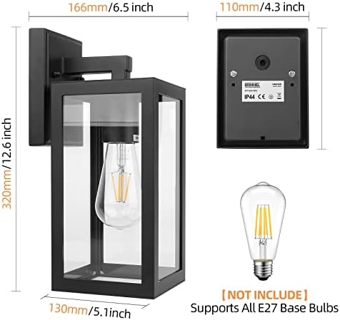 BRIMMEL Outdoor Wall Lights Black Wall Lantern Porch Light, Aluminum Exterior Wall Lanterns with Clear Glass Shade Anti-Rust Outdoor Wall Sconce Light Fixture, Matte Black, 2 Packs