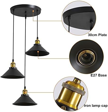 DELIPOP 3 Lights Vintage Pendant Light, E27 Black Metal Hanging Lights, Industrial Ceiling Lights for Kitchen Bedroom Living Dining Room
