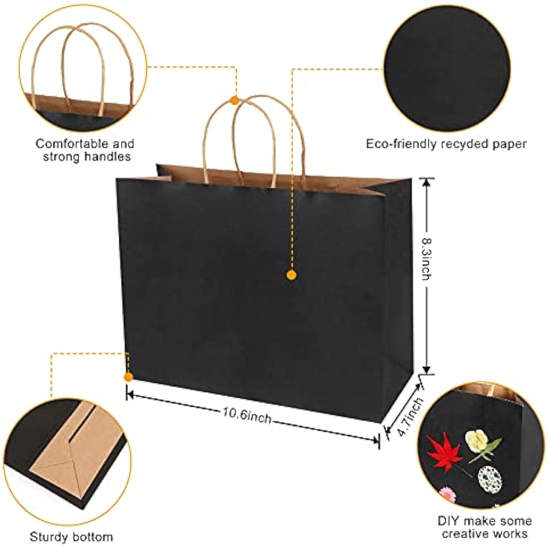 Gift Bags Paper Bags with Handles Black Paper Bags(20 pcs,27x12x21cm,130GSM paper) for Halloween Christmas Wedding Birthday Party