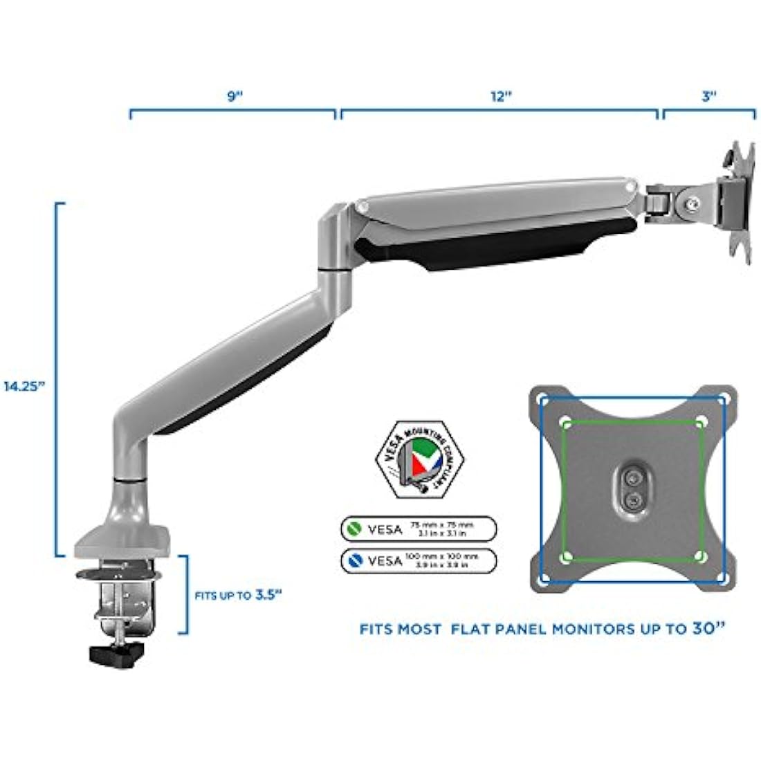 Mount-It! Single Monitor Arm Desk Mount | Gas Spring Monitor Arm | Full Motion Articulating Height Adjustable | Fits 21 22 23 24 27 30 32 Inch VESA Compatible Computer Screen | Clamp and Grommet Base