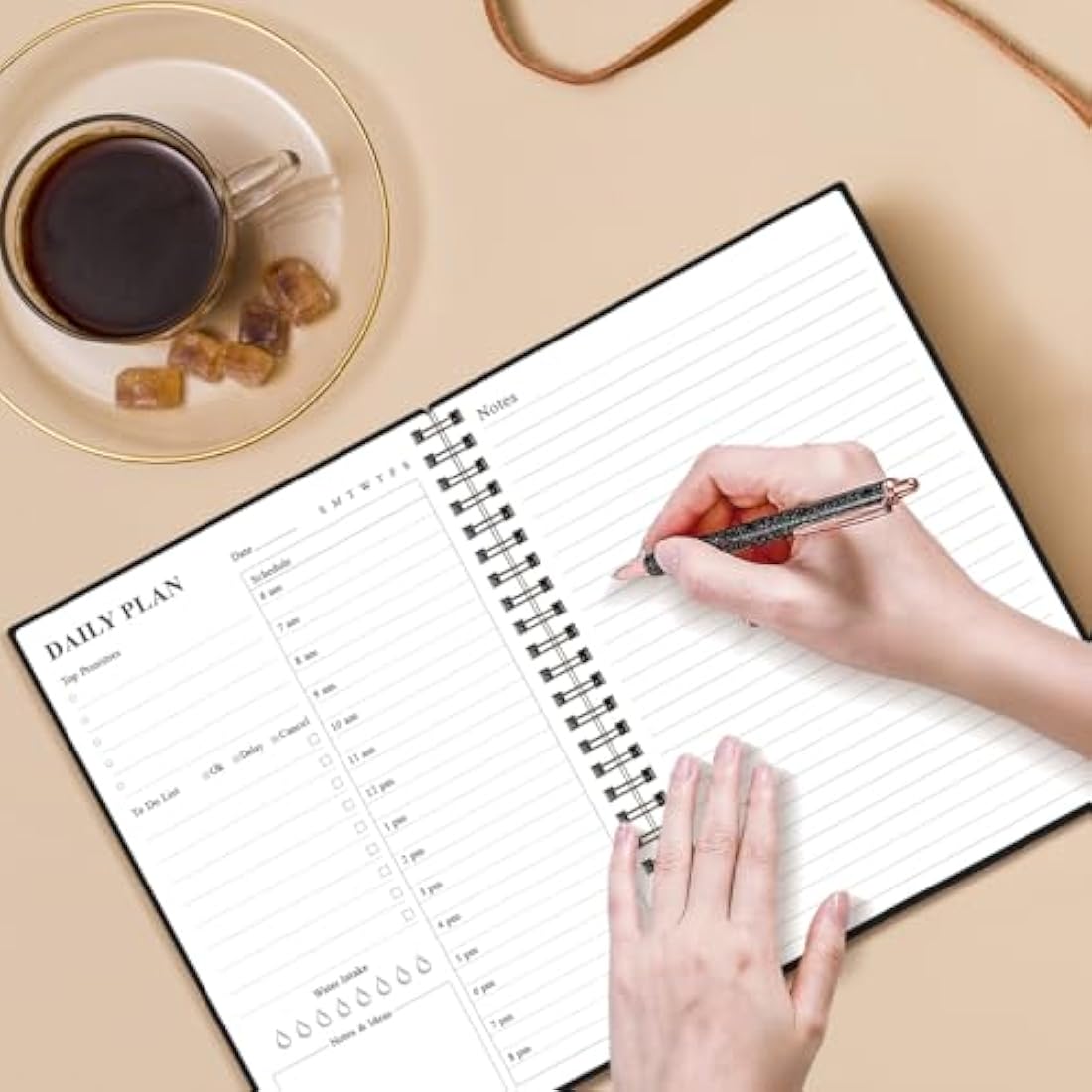 Daily Planner Undated - A5 To Do List Notebook Hourly Schedules, Spiral Appointment Planner for Women and Men, PVC Hardcover, Inner Pocket, Elastic Closure, 5.8" x 8.5", Black