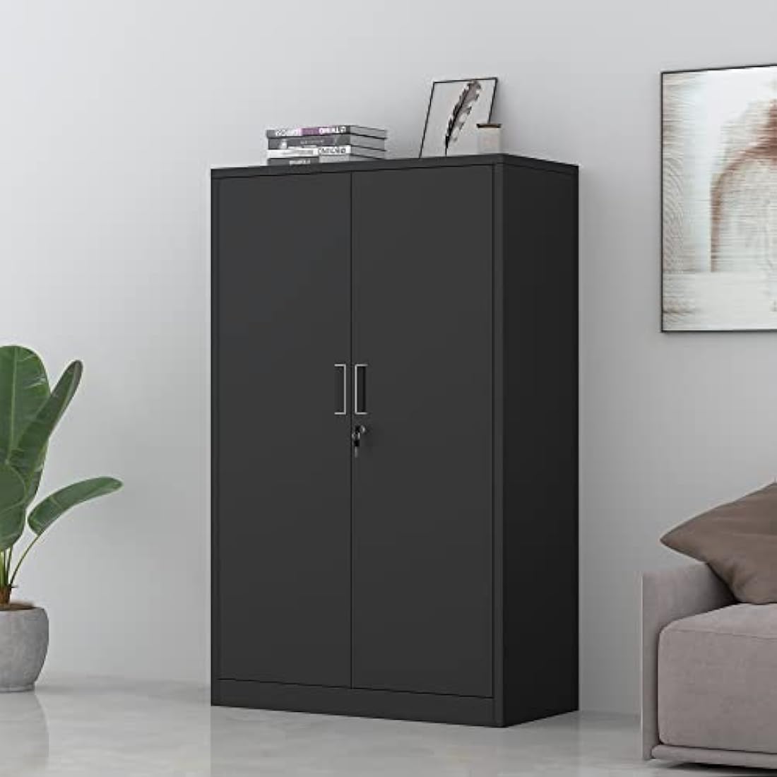 iJINGUR Metal Storage Cabinet with Locking Doors and 3 Adjustable Shelves, Lockable Steel Storage Cupboard for Home Office Garage Pantry (Black)