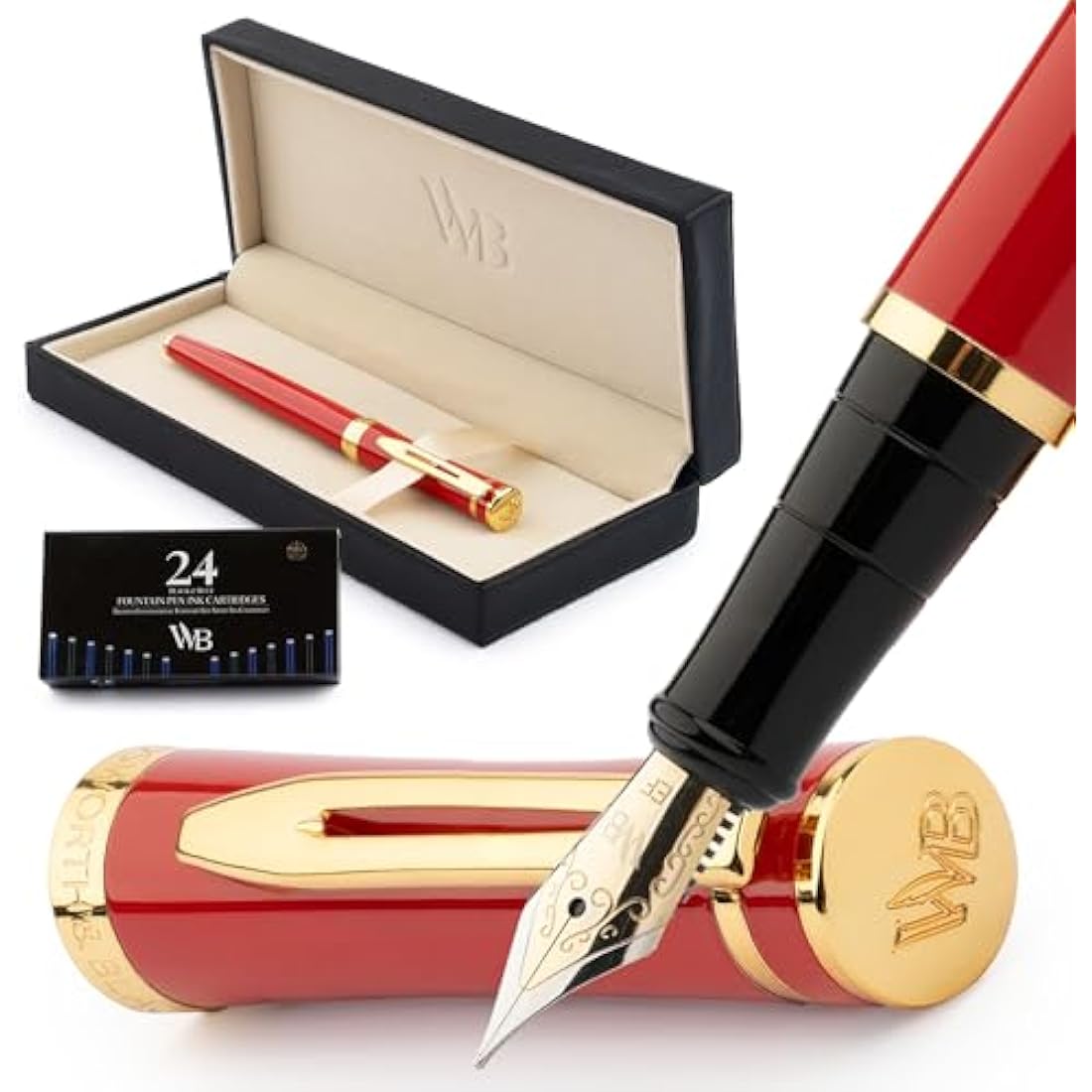 Wordsworth & Black Fountain Pen Set, 18K Gilded Extra Fine Nib, Includes 24 Pack Ink Cartridges, Ink Refill Converter & Gift Box, Gold Finish, Calligraphy, [Crimson Red], Perfect for Men & Women