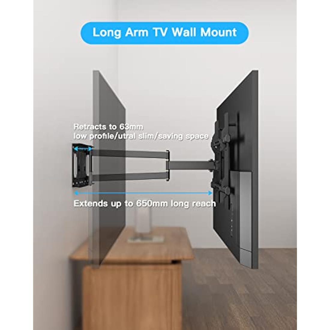 TV Wall Bracket Mount WHYFONE Long Reach TV Wall Bracket with 650mm Smooth Extension, Swivel Tilt Extend Corner TV Wall Mount Bracket for 32-70 Inch Flat & Curved TVs up to 35kg, max. VESA 600x400mm