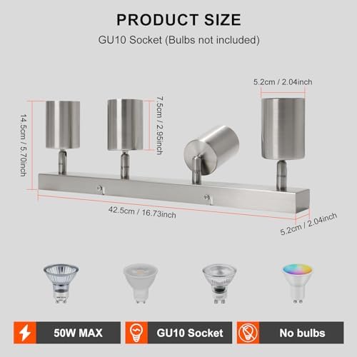 Ketom Adjustable 4 Way Ceiling Spotlight Fitting - GU10 LED Ceiling Light Rotatable - Indoor Spotlights Ceiling Lights - Modern Matt Nickel Metal Ceiling Spotlight - GU10 Bulb Base - Bulb Not Included