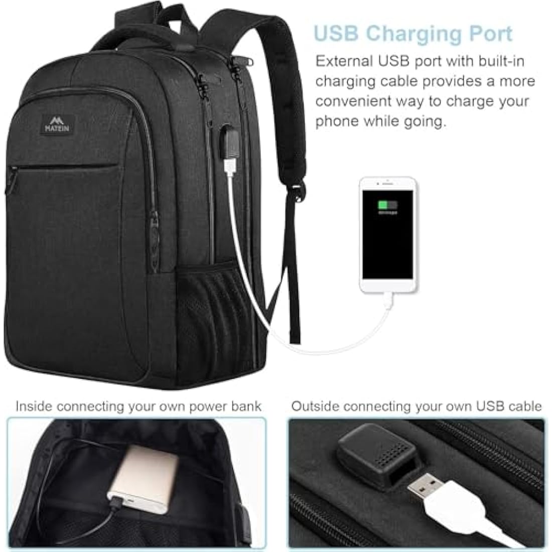 MATEIN Travel Laptop Backpack 17.3 Inch Large Computer Backpack Stylish Business Bag Men with USB Charging Port Water Resistant College Rucksack Unisex Lightweight computer Rucksack Daypack, Black