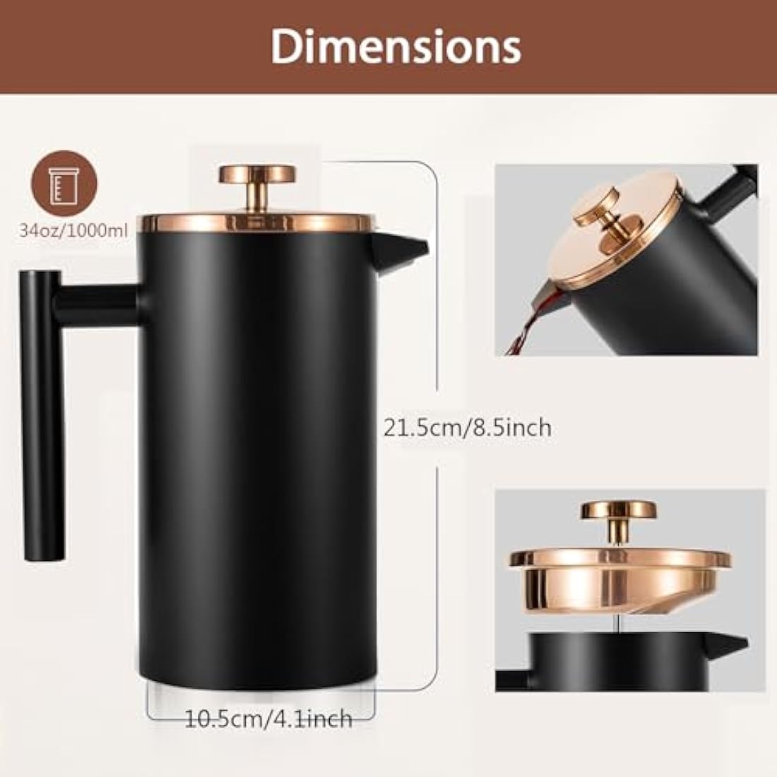 Wrobic Cafetiere French Press Coffee Maker, 1000ml/34oz Double-Wall Insulated Stainless Steel, 3 Level Filtration System, French Press for Home, Camping and Office (6 cup to 8 cup Black)