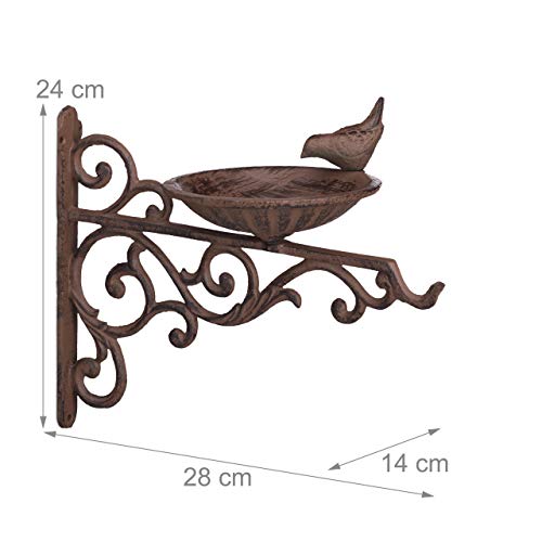 Relaxdays Cast Iron Bird Bath, Wall-Mount, Weatherproof, Stainless, Wild Bird, Garden Decor, HxWxD 24 x 28 x 14cm, Brown