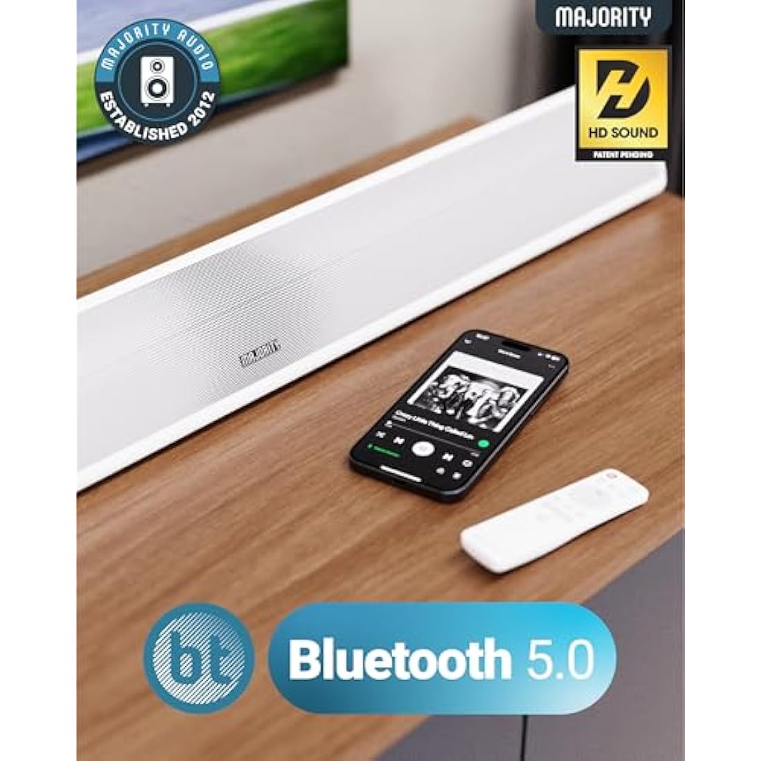 MAJORITY Snowdon | Bluetooth Sound Bar for TV | Built-in Subwoofer | 120 Watts 2.1 Channel Sound | RCA, Optical, and AUX Connection | Wall Mountable | 81 CM | Remote Control Included (White)