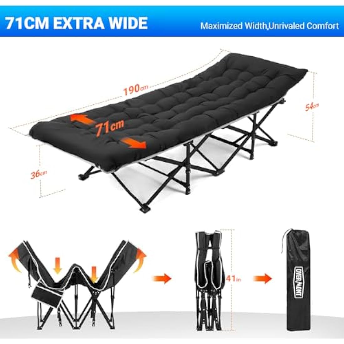 OVERMONT Oversized Folding Camping Bed for Adults,75 * 28" Extra Wide,2400D Oxford fabric,550lbs Load Capacity,Heavy Duty Sleeping Beds with Carry Bag, Portable Travel Camp Beds