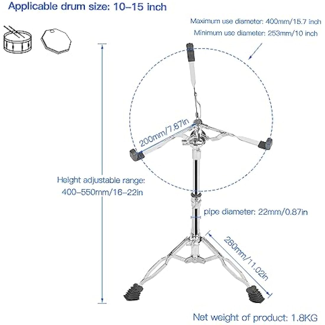 aleawol 10-15 Inch Snare Drum Stand, Double Braced Tripod Snare Stand Adjustable Height 16-22 Inch, Foldable Drum Pad Stand for Practice and Stage Performance
